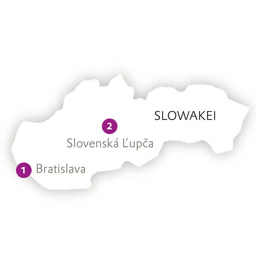 Landkarte der Slowakei mit den Evonik Standorten in Bratislava und Slovenská Ľupča