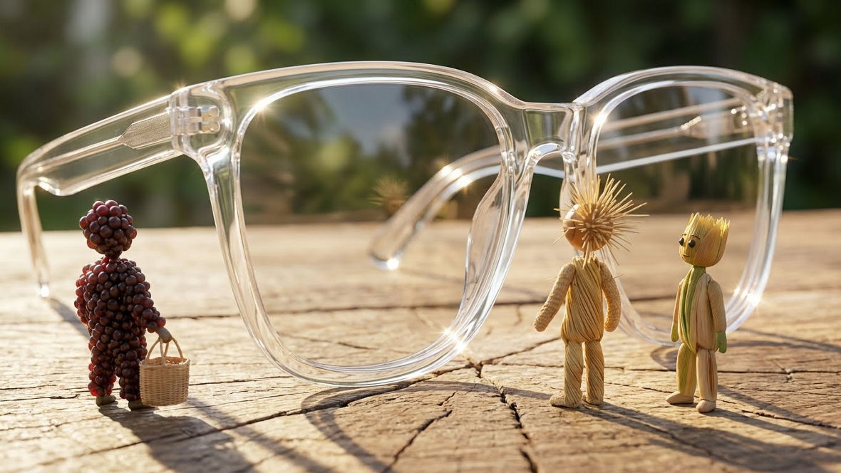 Three small figurines made of natural materials stand near a pair of clear eyeglasses on a wooden surface.