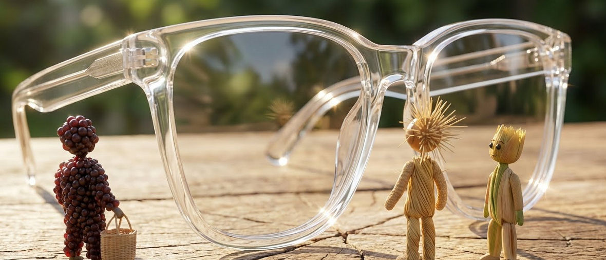 Three small figurines made of natural materials stand near a pair of clear eyeglasses on a wooden surface.