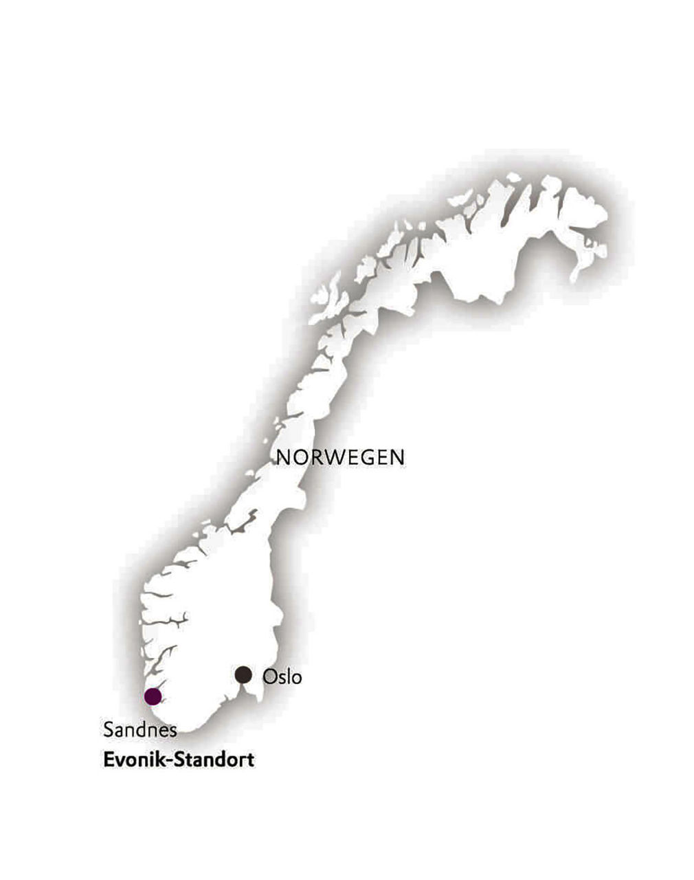 Karte von Norwegen mit Einzeichnung des Evonik-Standortes Sandnes im Süden.