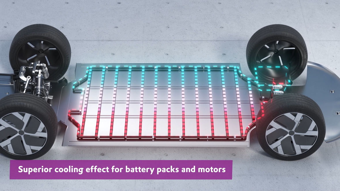 Electric vehicle chassis with battery pack and highlighted cooling lines in red and blue, illustrating thermal management system for batteries and electric motors