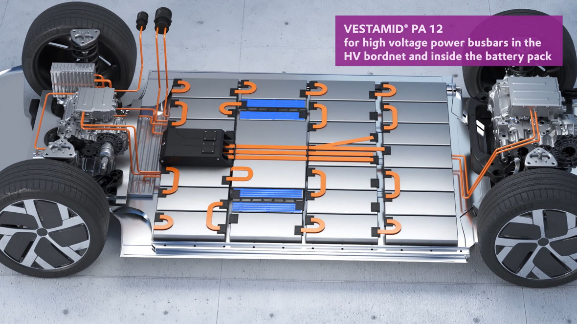 Electric vehicle chassis with battery pack and orange high-voltage cables connecting power busbars, illustrating insulated electrical components within an EV battery system