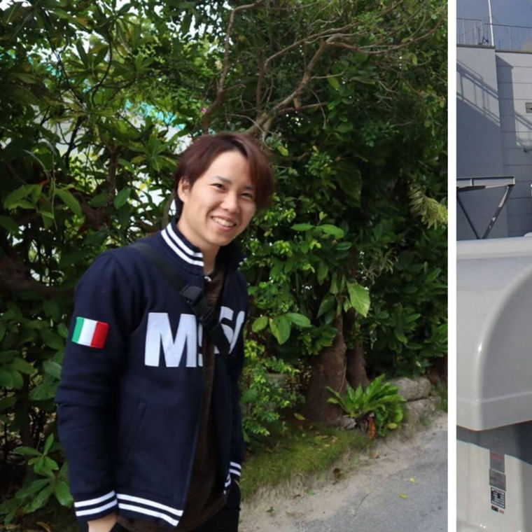 One person in casual attire stands outdoors among greenery, while another in safety gear holds a clipboard on a rooftop.