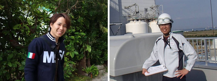 One person in casual attire stands outdoors among greenery, while another in safety gear holds a clipboard on a rooftop.