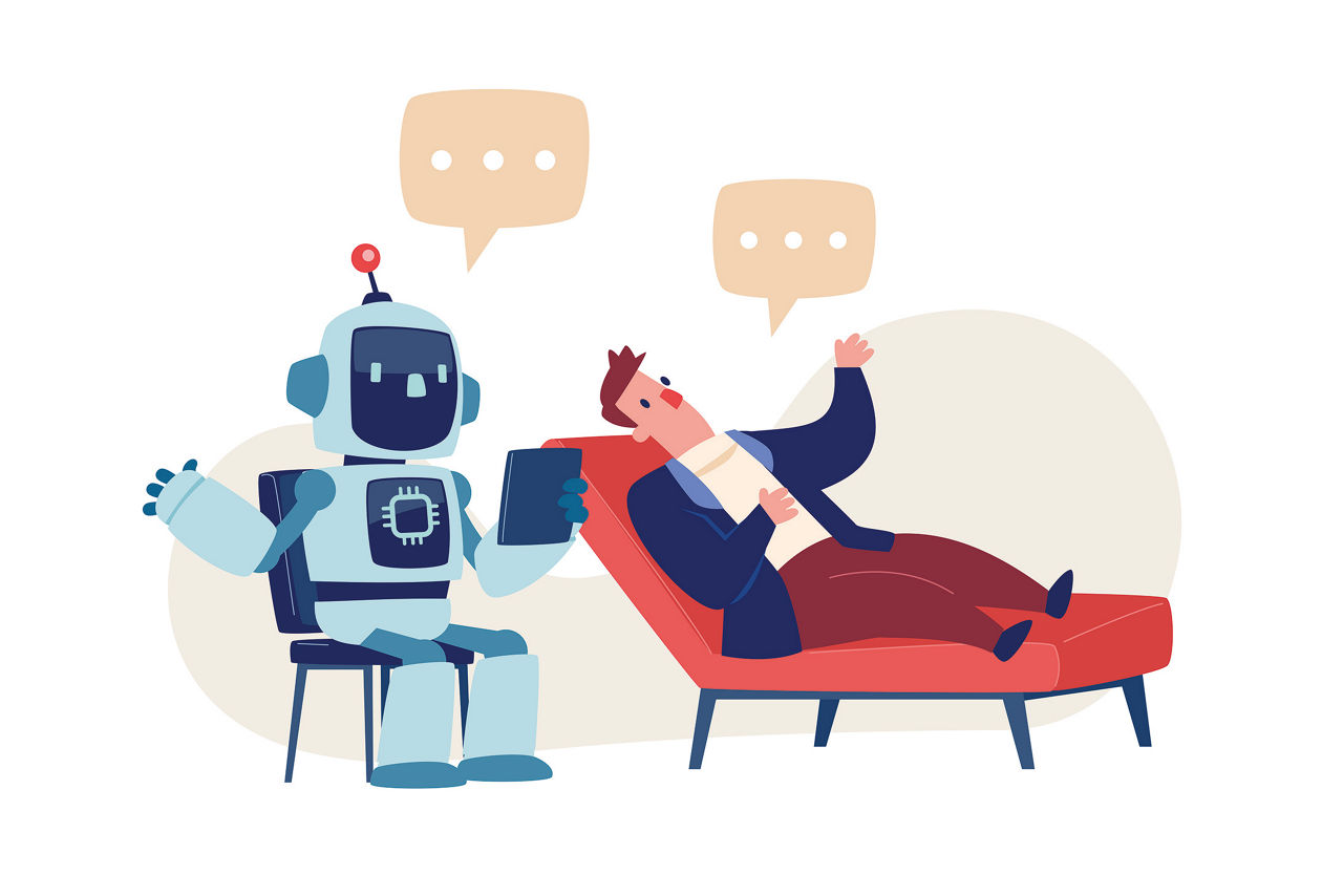 Ein Cartoon zeigt einen Roboter als Psychoanalysten
