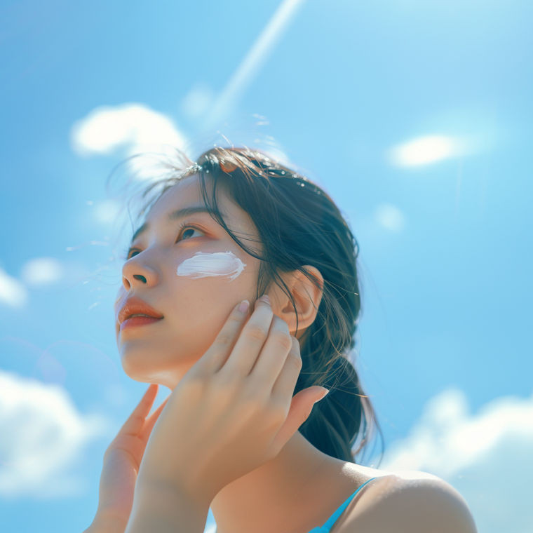 Junge asiatische Frau mit Creme auf den Wangen.