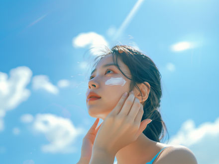 Junge asiatische Frau mit Creme auf den Wangen.