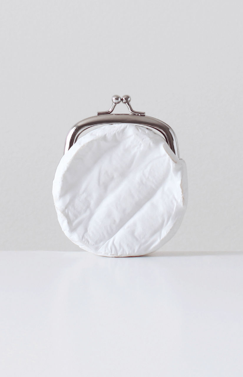 Ein Camembert.Käse in Form einer Geldbörse