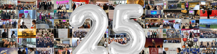 Collage celebrating 25 years of collaboration between Evonik and Unitech, featuring various events and team gatherings.