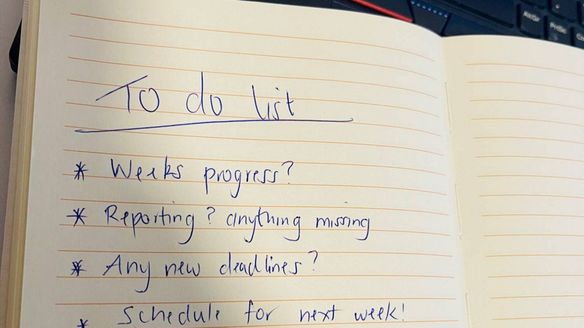 A handwritten to-do list with tasks related to weekly progress, reporting, deadlines, and lab samples.