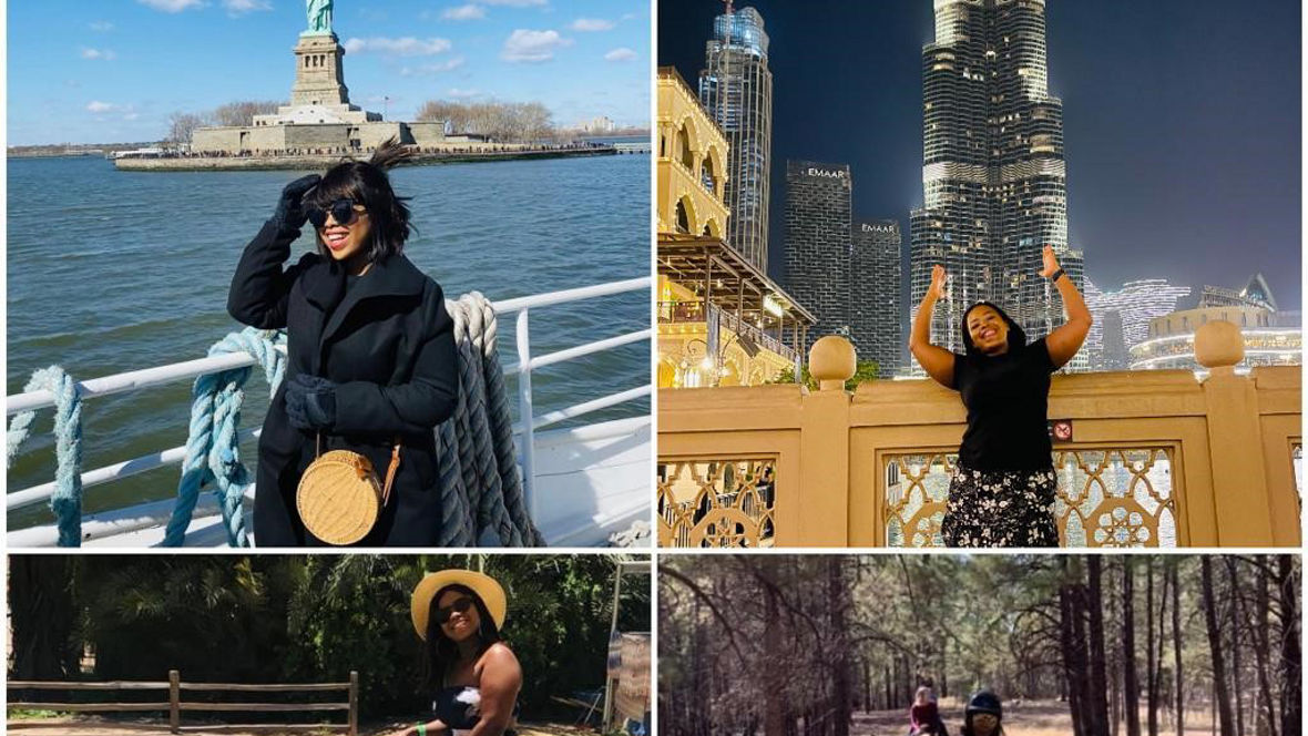 A collage featuring various travel experiences, including the Statue of Liberty, camel riding, and horseback riding in nature.