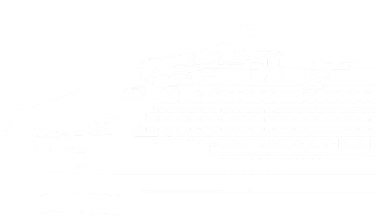 Fincantieri | Group - Sustainability - Energy Transition: Technical drawing of a cruise ship in fine light blue lines on a dark blue background.