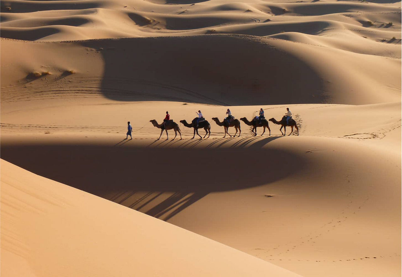 Desert sand turns into a beach at the Atlantic Ocean near Agadir (Morocco, North Africa)