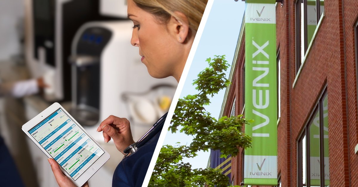 Nurse with tablet and Ivenix building signage