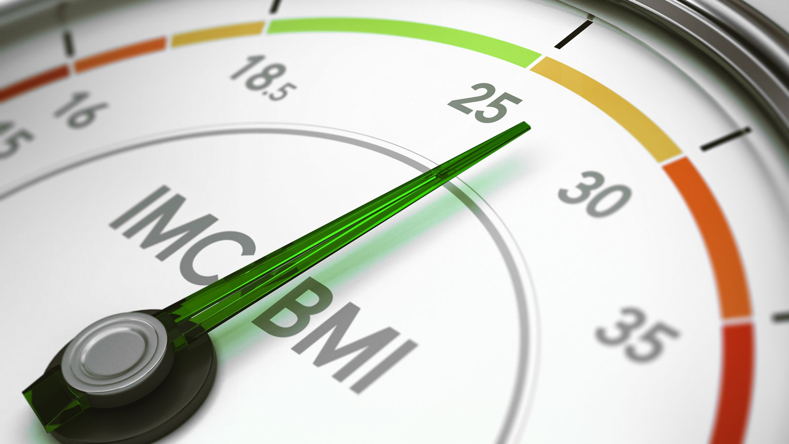 3D illustration of a BMI calculator dial with the needdle pointine between 25 and 30. Concept of body mass index measurement.