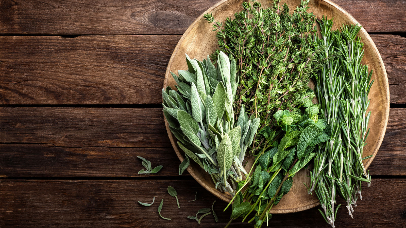 various fresh herbs, rosemary, thyme, mint and sage on wooden background