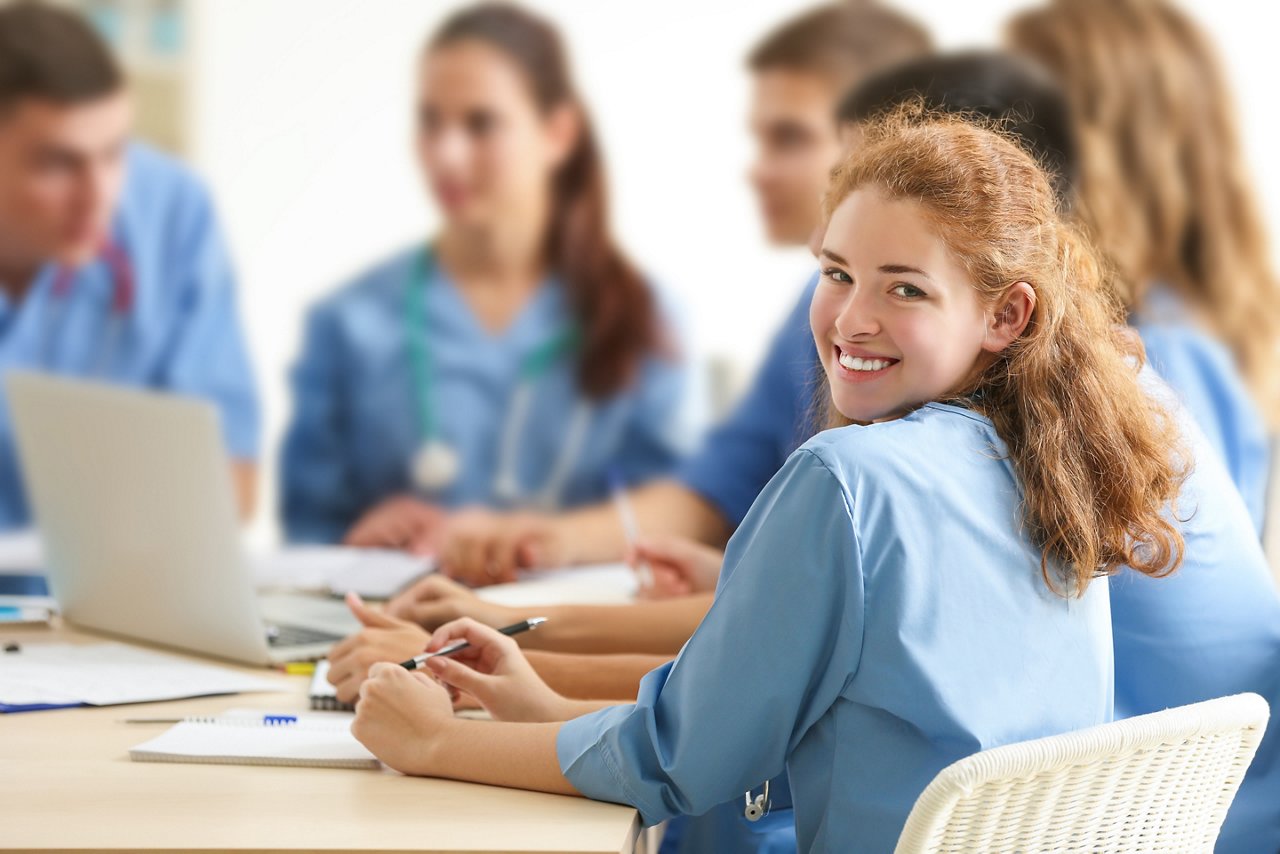 Medical students studying at university indoors