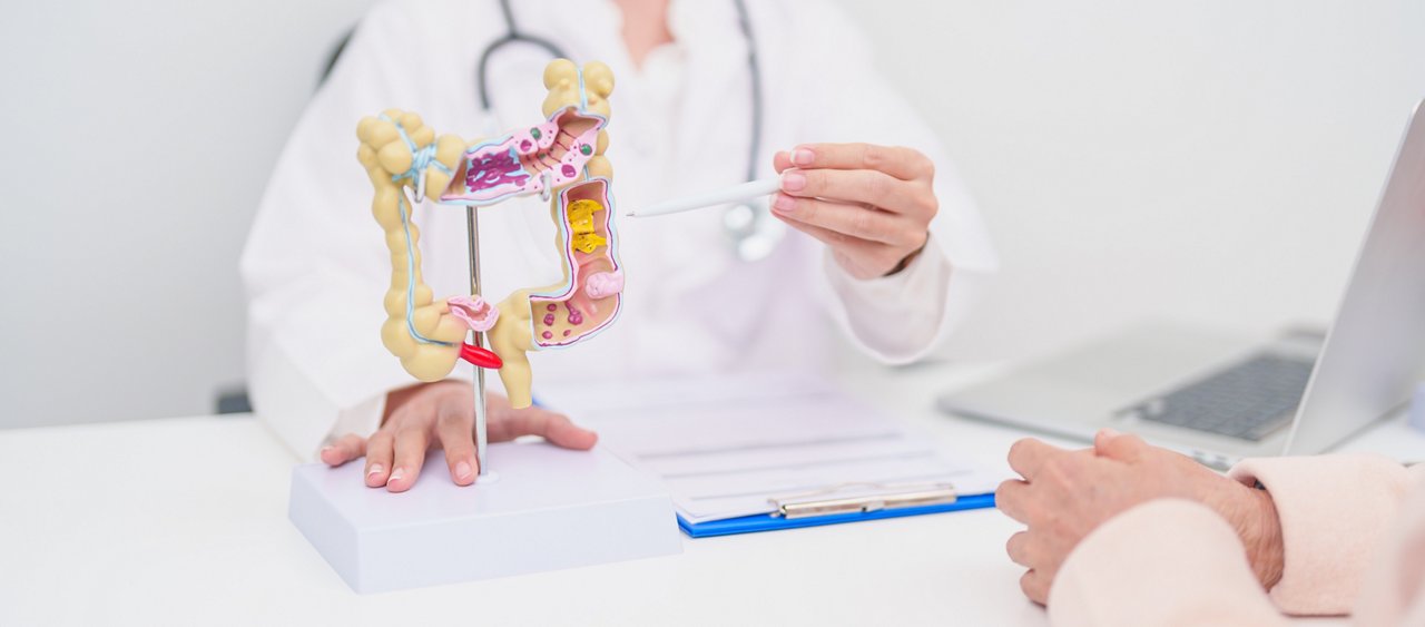 Elderly woman Patient consultation with doctor for Colon disease, Large Intestine, Colorectal cancer, Ulcerative colitis, Diverticulitis, Irritable bowel syndrome, Digestive system and Healthcare 