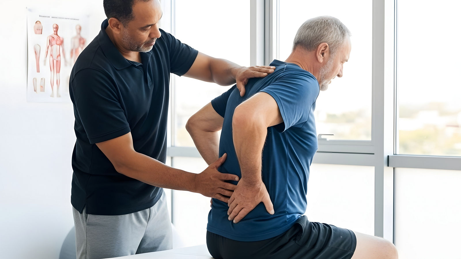 Physiotherapeut versorgt einen Patienten mit Rückenschmerzen