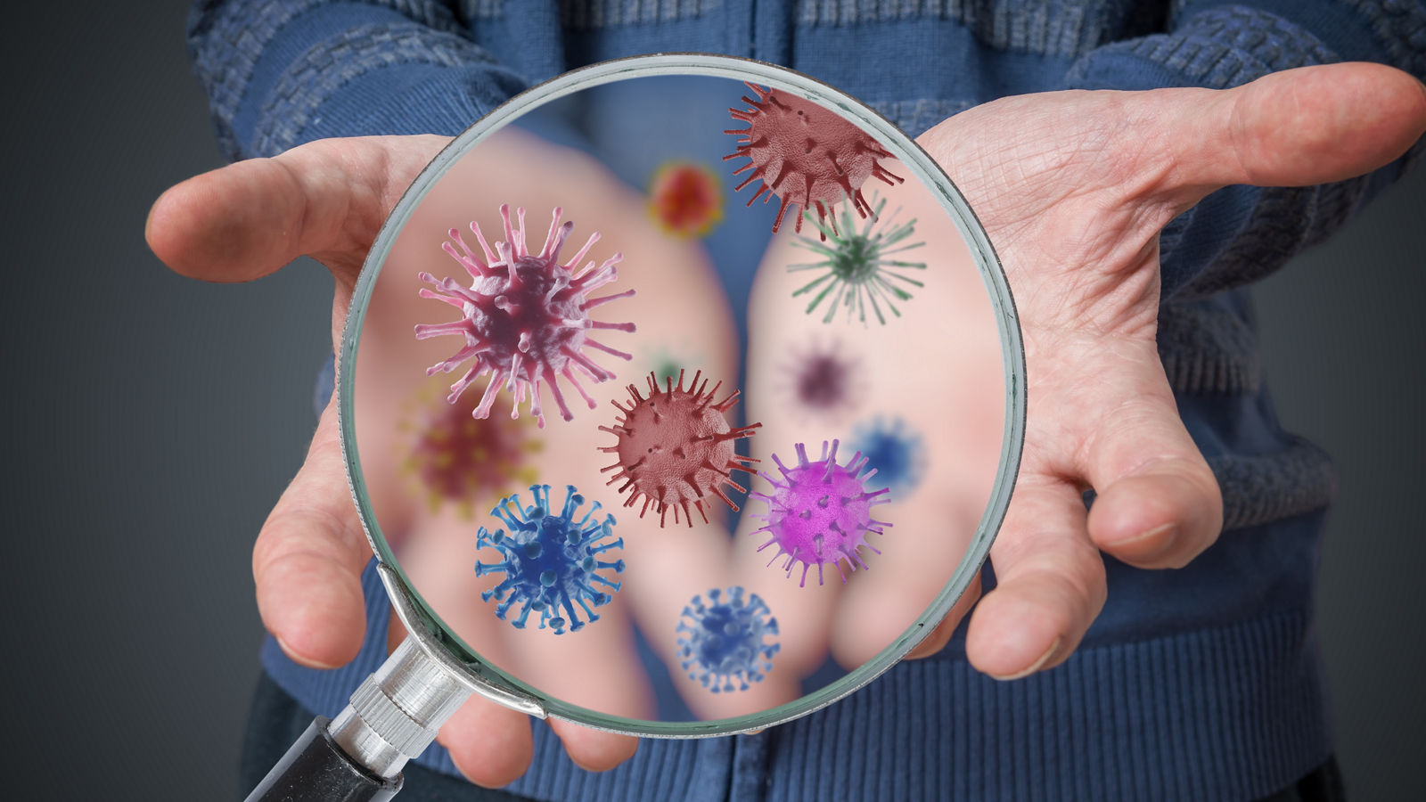Hygiene concept. Man is showing dirty hands with many viruses and germs.