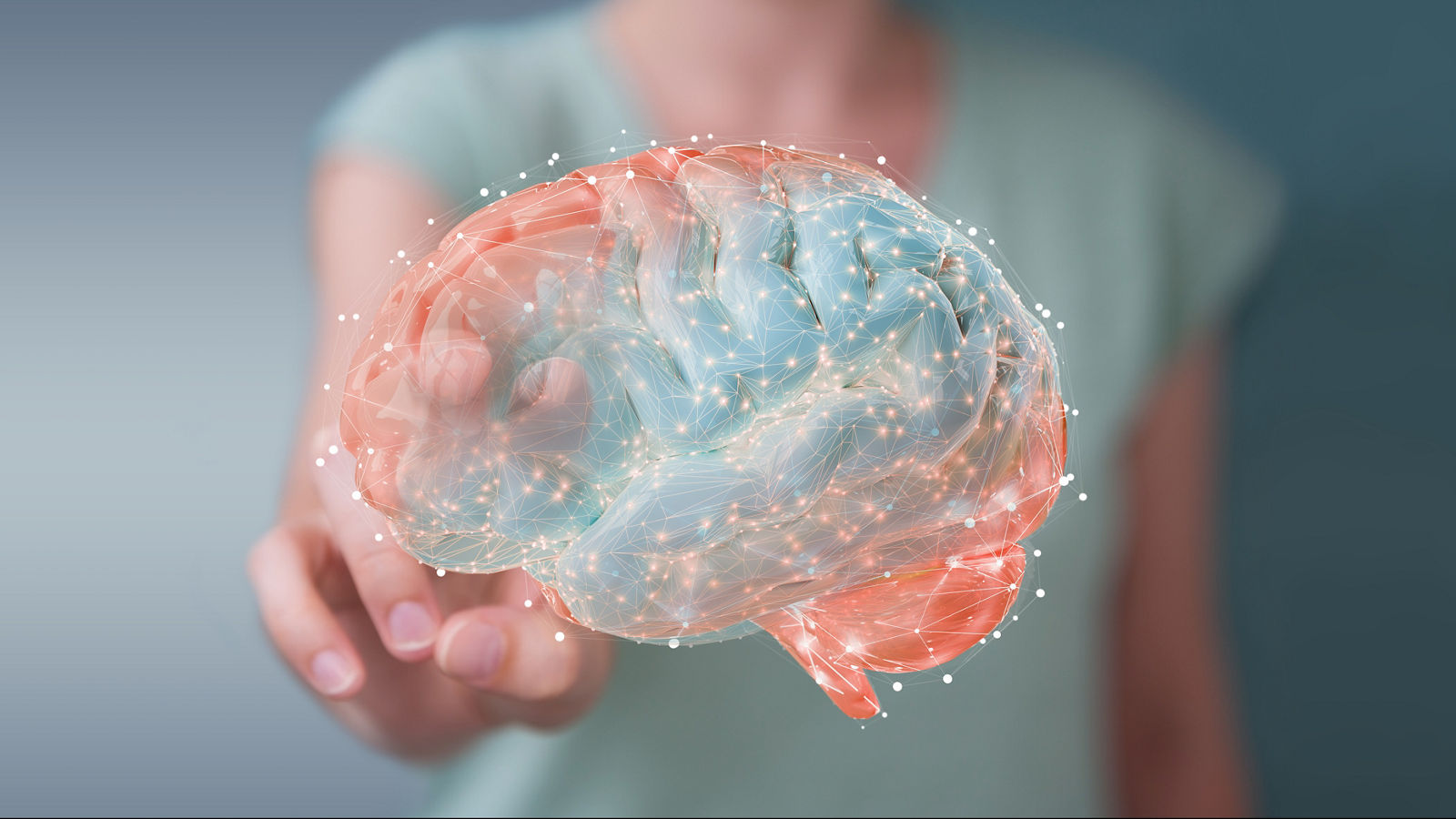 Businesswoman using digital 3D projection of a human brain 3D rendering