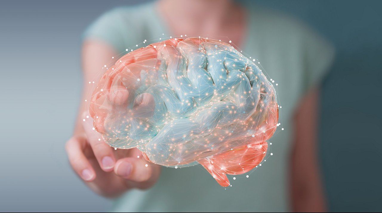 Businesswoman on blurred background using digital 3D projection of a human brain 3D rendering