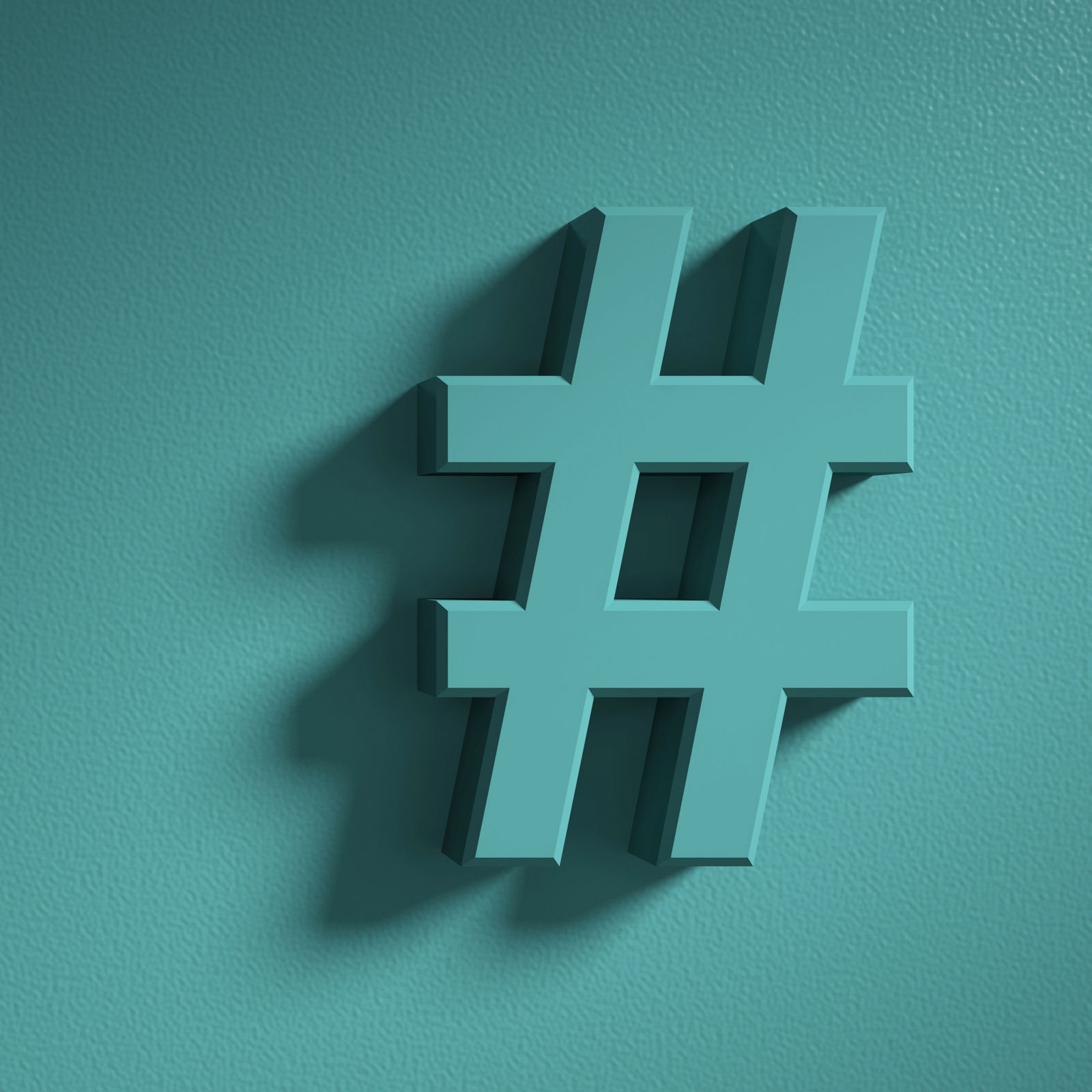 Hashtag sign on pastel green wall background, banner, copy space. 3d illustration