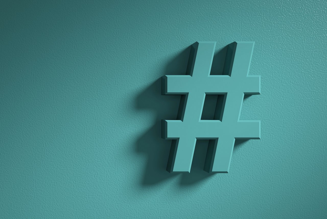 Hashtag sign on pastel green wall background, banner, copy space. 3d illustration