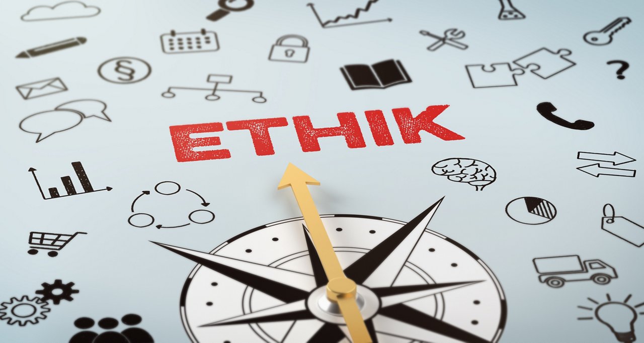 Kompass  mit Icons und Text - Ethik