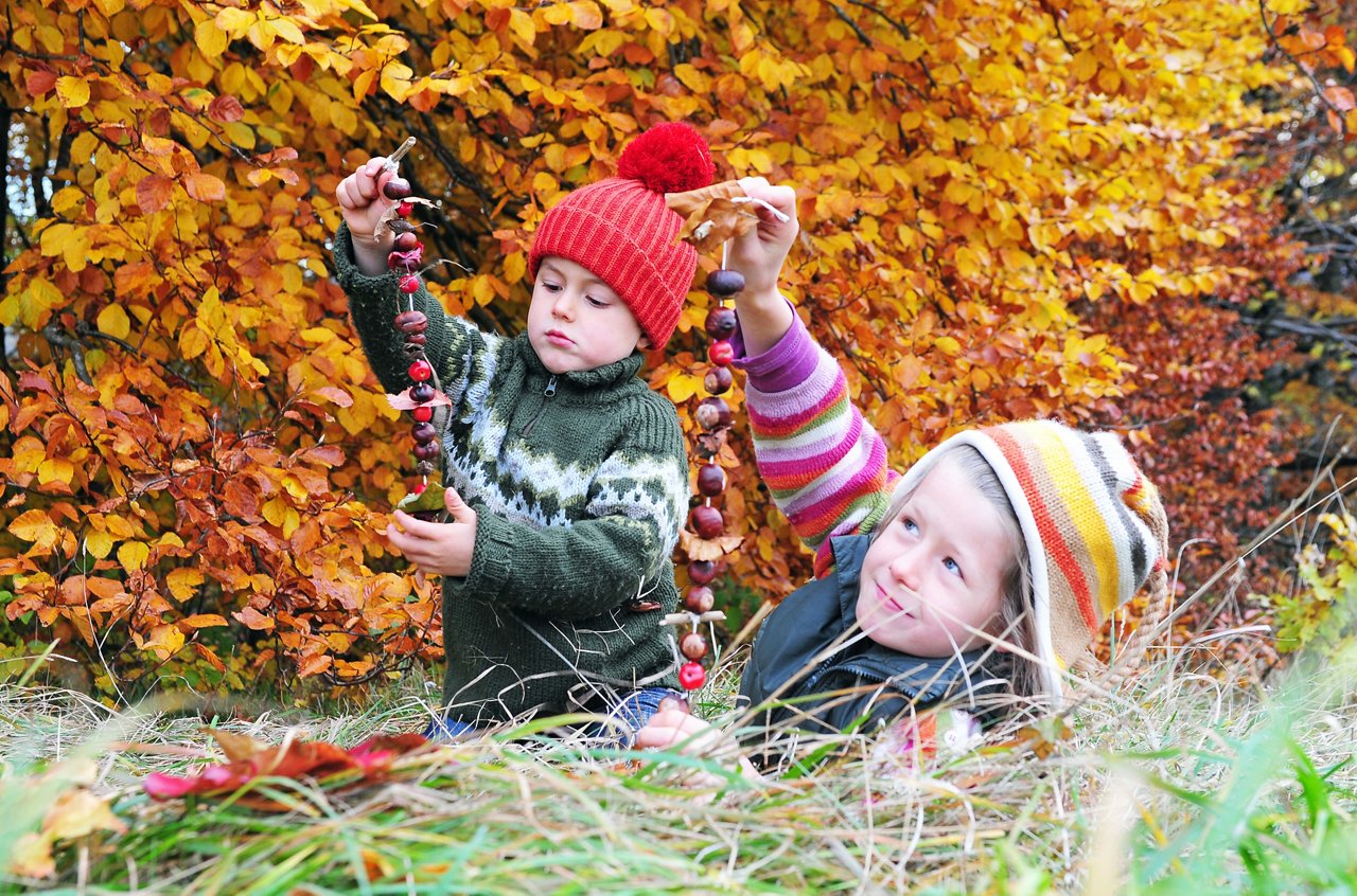 Zwein Kinder basteln und spielen draußen mit Kastanien