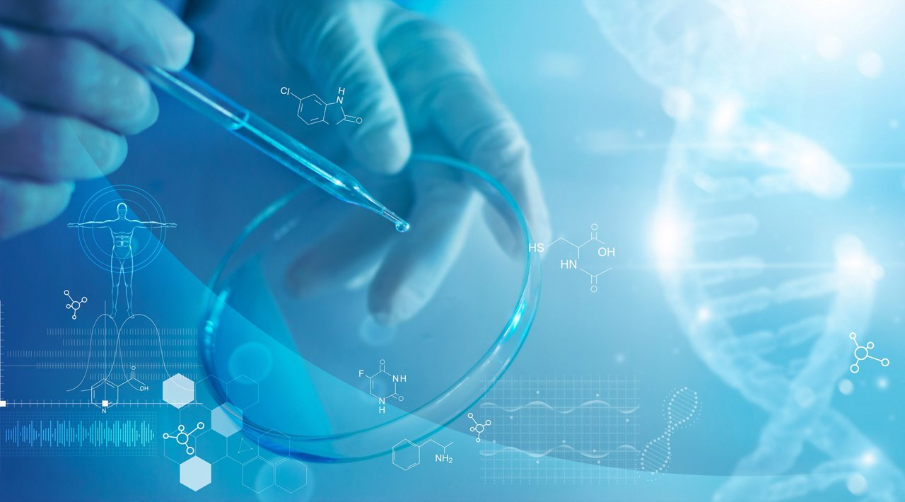 Science and medicine, scientist analyzing and dropping a sample into a glassware, experiments containing chemical liquid in laboratory on glassware, DNA structure, innovative and technology. 