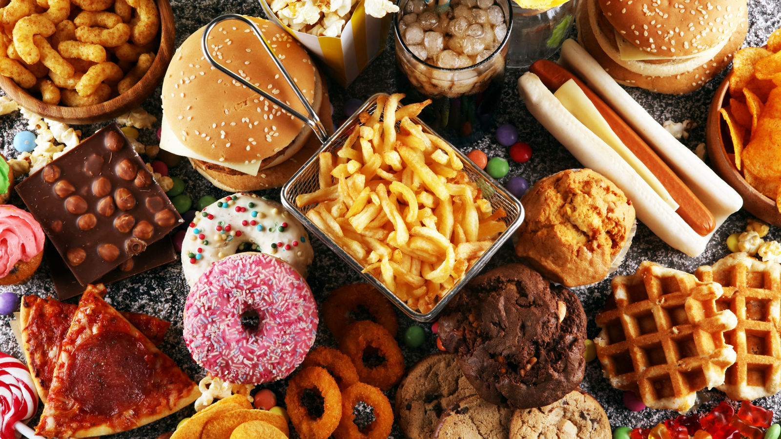 Unhealthy products. food bad for figure, skin, heart and teeth.