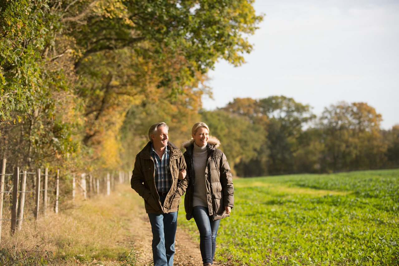 Ehepaar geht eingehakt am Feldrand in der Herbstsonne spazieren