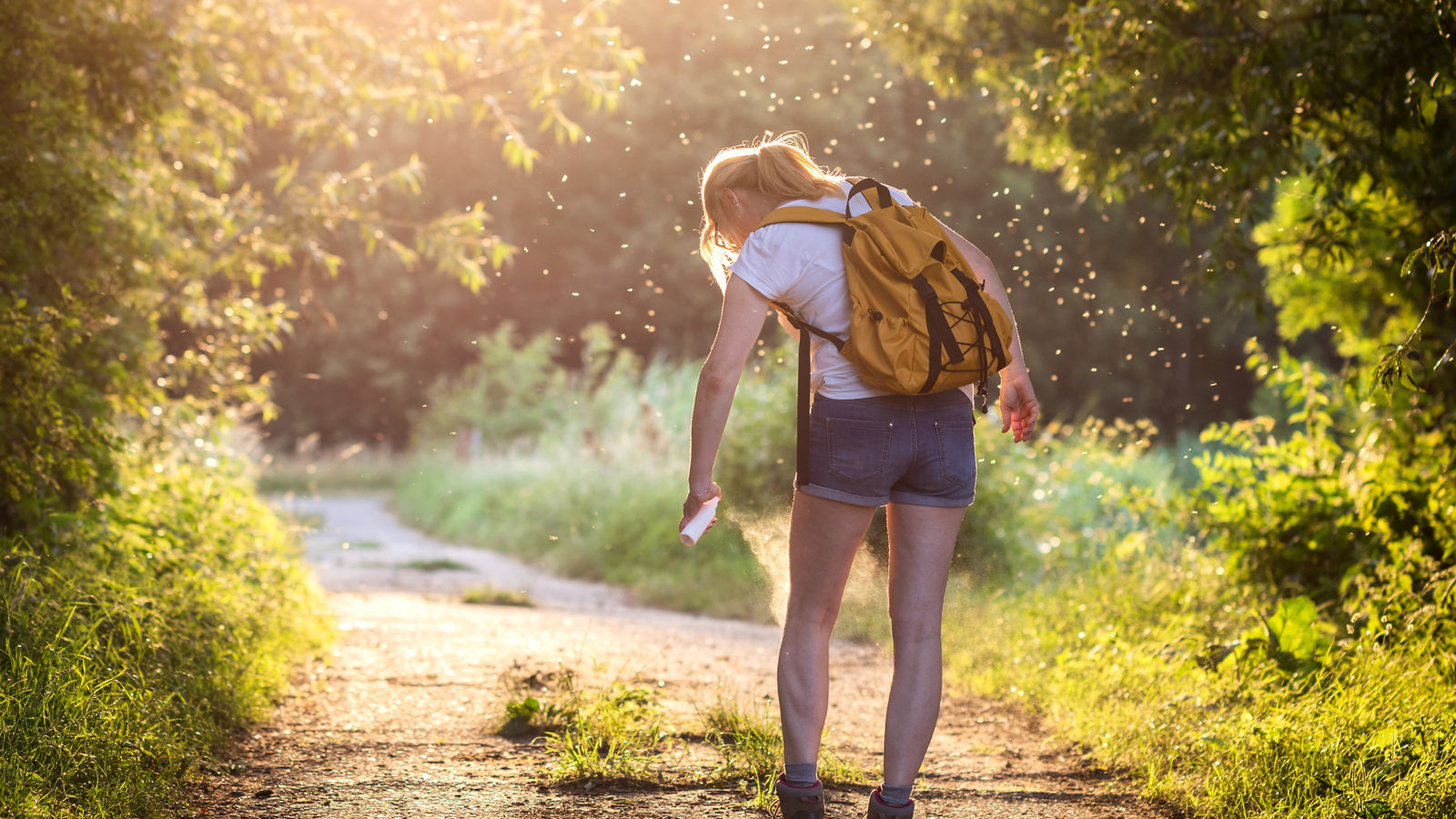 Woman applying insect repellent against mosquito and tick on her leg during hike in nature. Skin protection against insect bite