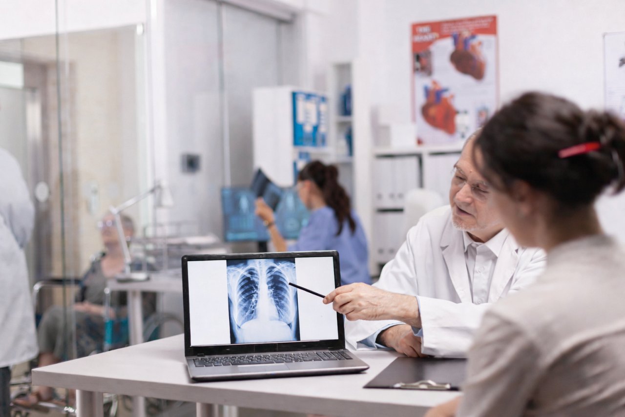 Reifer Arzt zeigt während des Arztbesuchs in der Krankenhauspraxis auf den Lungen-CT-Scan des Patienten auf dem Laptop. Sanitäter im weißen Kittel diskutiert mit behinderter Seniorin im Rollstuhl und Krankenschwester beim Röntgen.