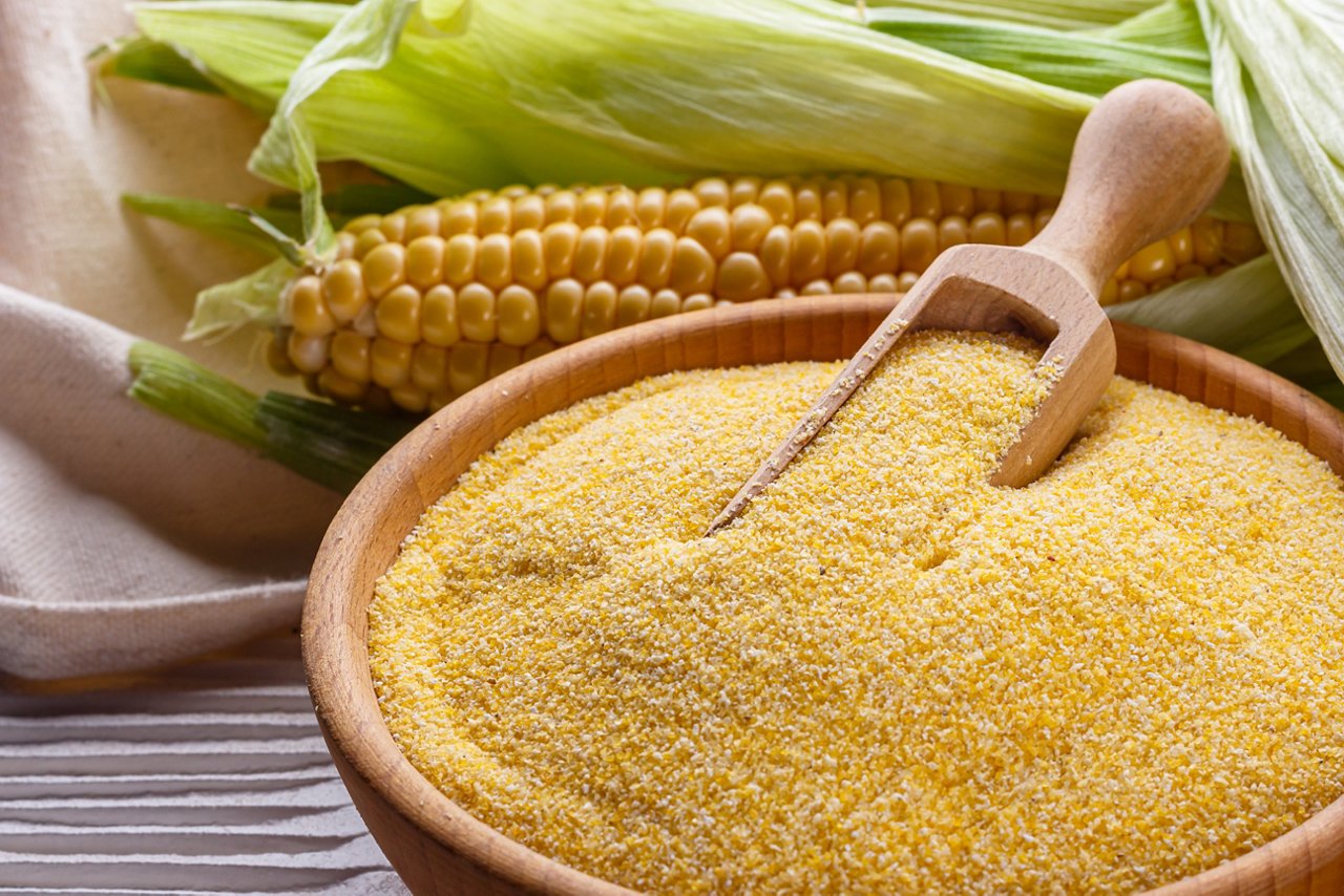 Polenta-Maisbrei auf weißem, rustikalem Holzgrund
