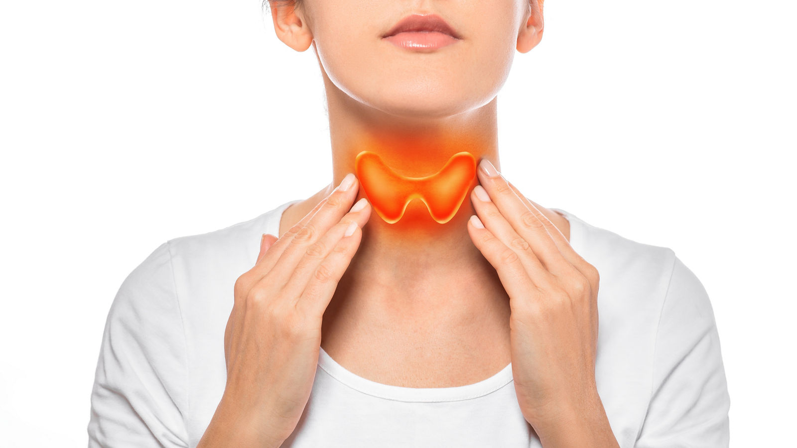 Woman showing painted thyroid gland on her neck. Enlarged butterfly-shaped thyroid gland, isolated on white background