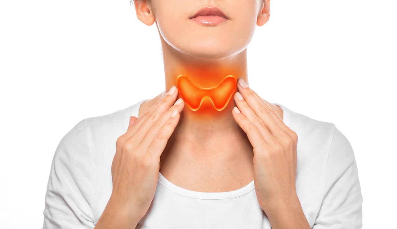 Woman showing painted thyroid gland on her neck. Enlarged butterfly-shaped thyroid gland, isolated on white background