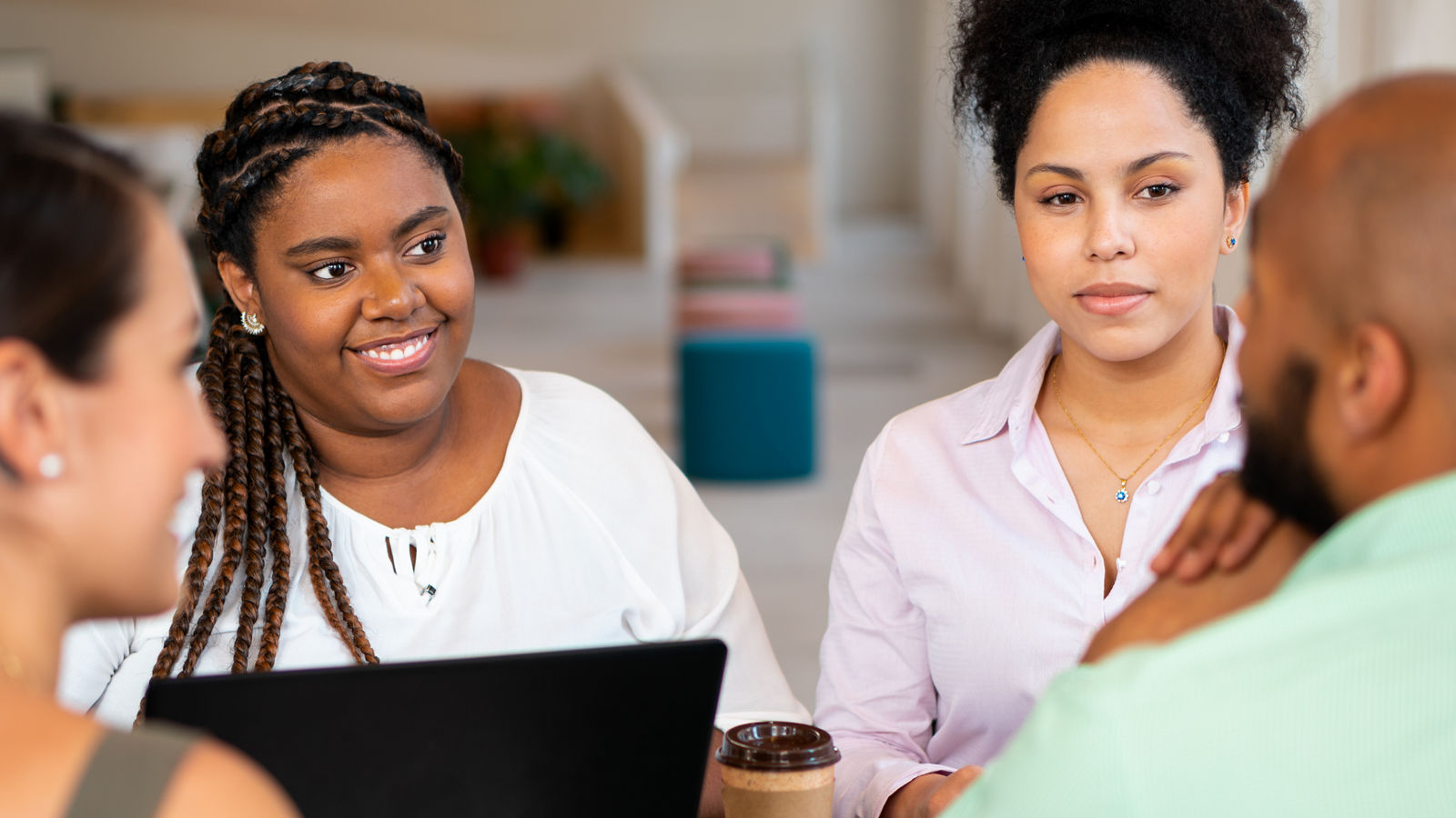 Lovely business teammates listening to meeting in business cowork space. Teamwork, corporate, planning, strategy concept.
,Lovely business teammates listening to meeting in business cowor