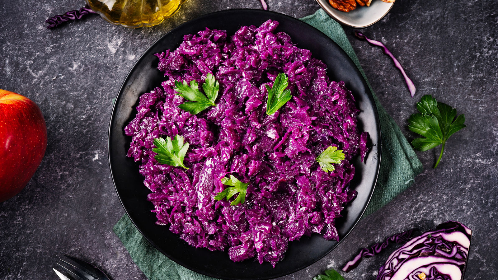 Plate with healthy red cabbage salad