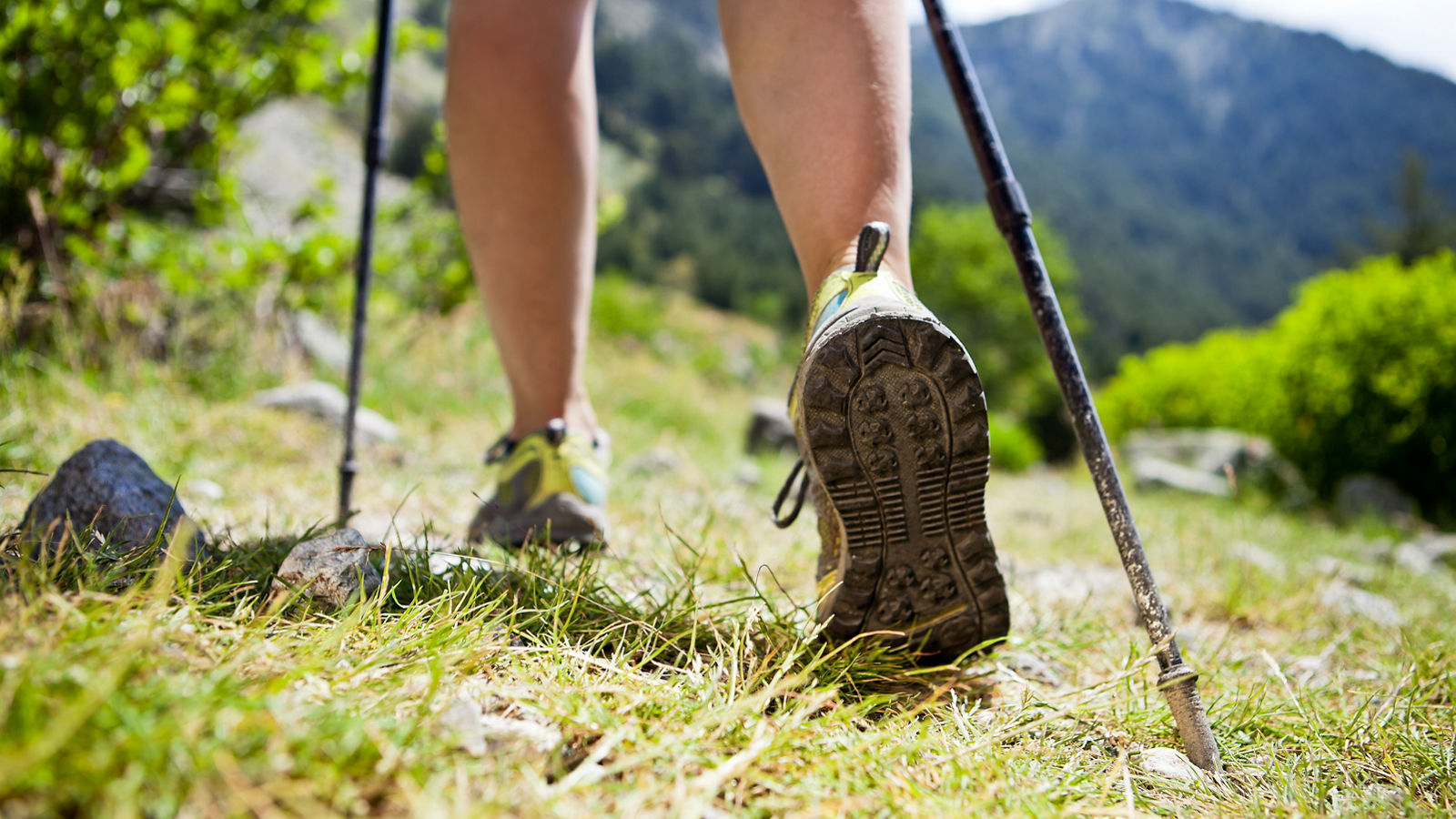 Nordic walking legs in mountains