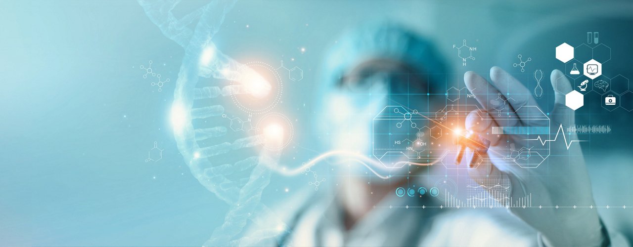 Abstract luminous DNA molecule. Hand of doctor touching and cut dna for checking with analysis chromosome DNA genetic of human on virtual interface. Medicine, Medical science and biotechnology.