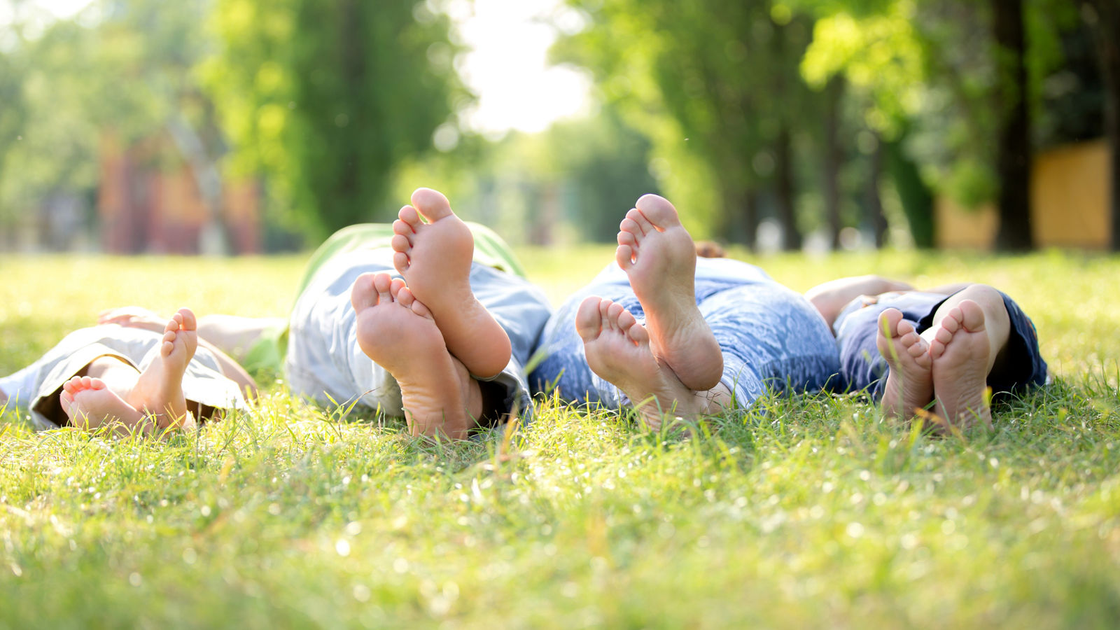 Family of four lying on the grass showing their feet to the camera