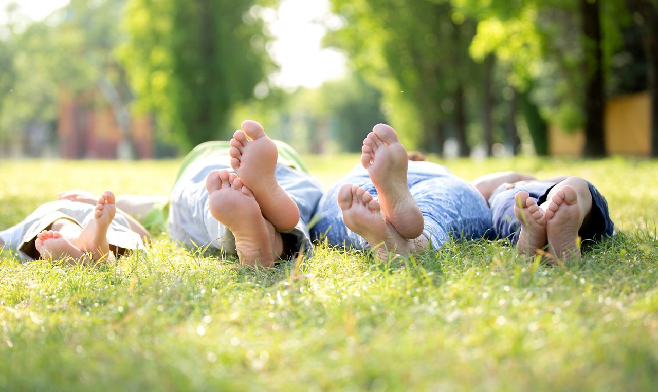 Family of four lying on the grass showing their feet to the camera, family concept