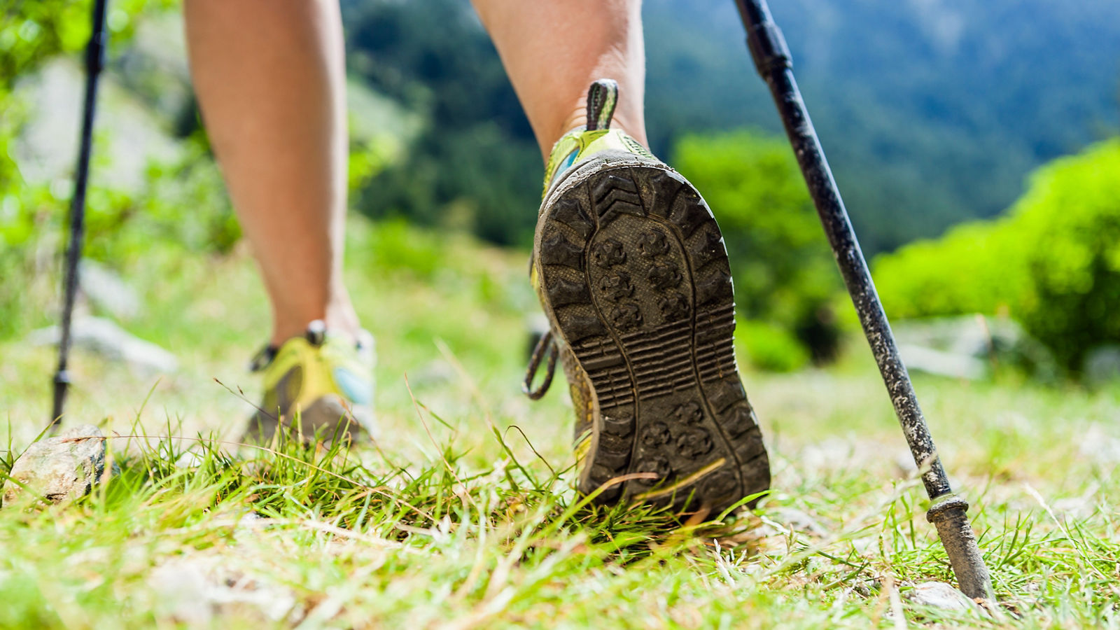 Nordic walking legs in mountains
