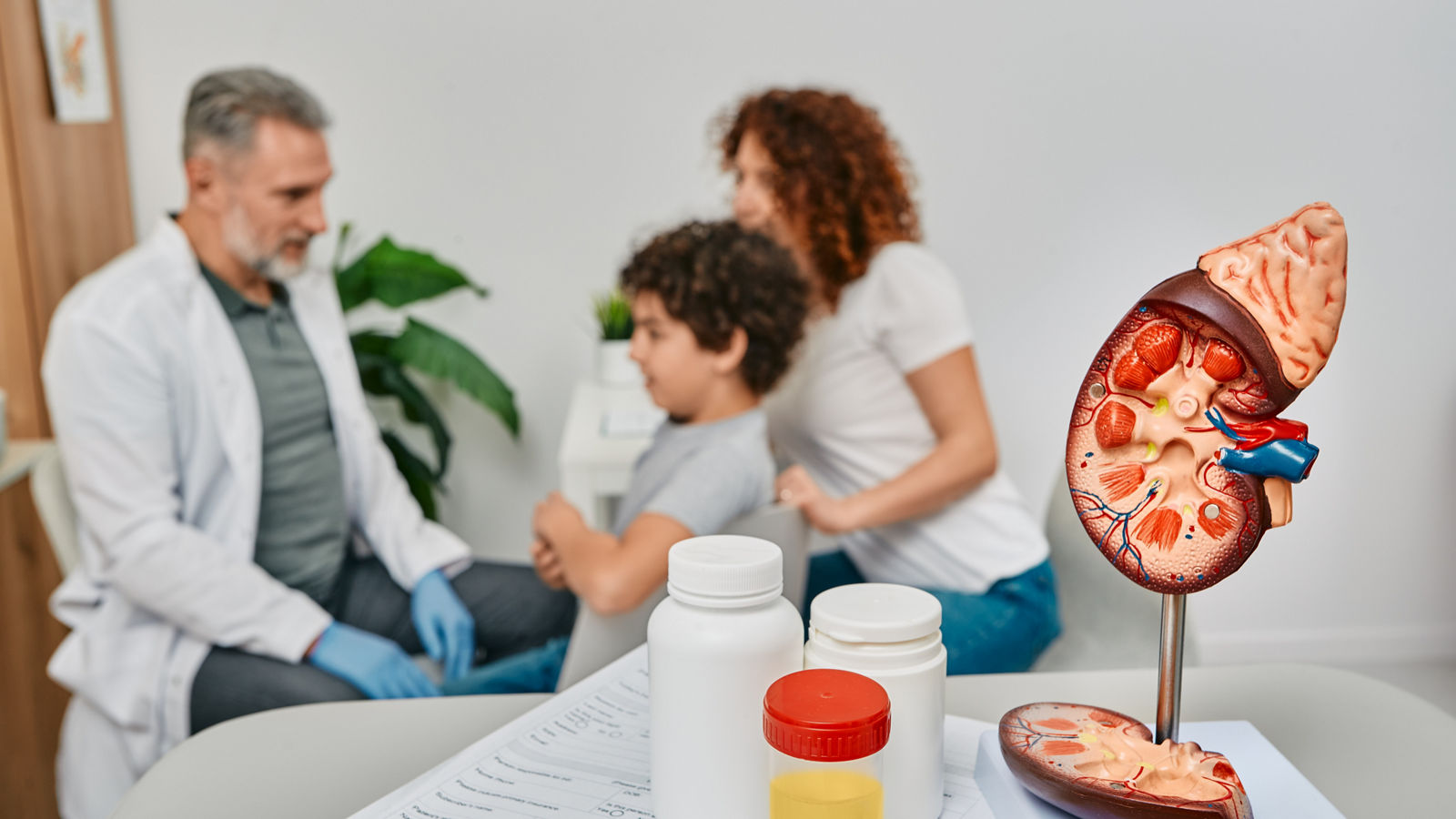 Doctor urologist consultation for male child. Collecting urine to tests for treatment of children kidney diseases at urology in foreground,Doctor urologist consultation for male child. Collecting urine t