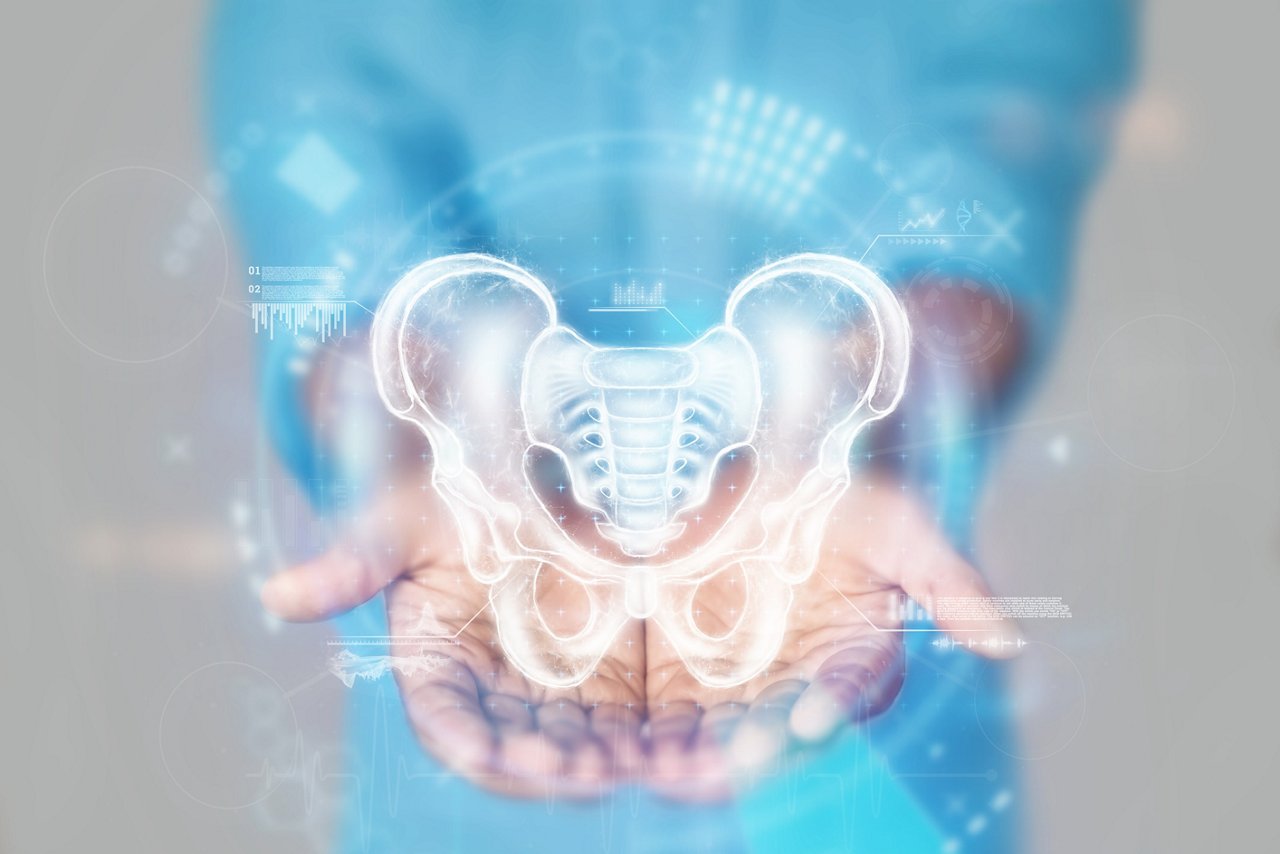 Medical concept, doctor's hands in a blue coat close-up. X-ray of the hip joint, ultrasound of the organs. Medical care, anatomy, doctor's appointment, medical technology. mixed media.