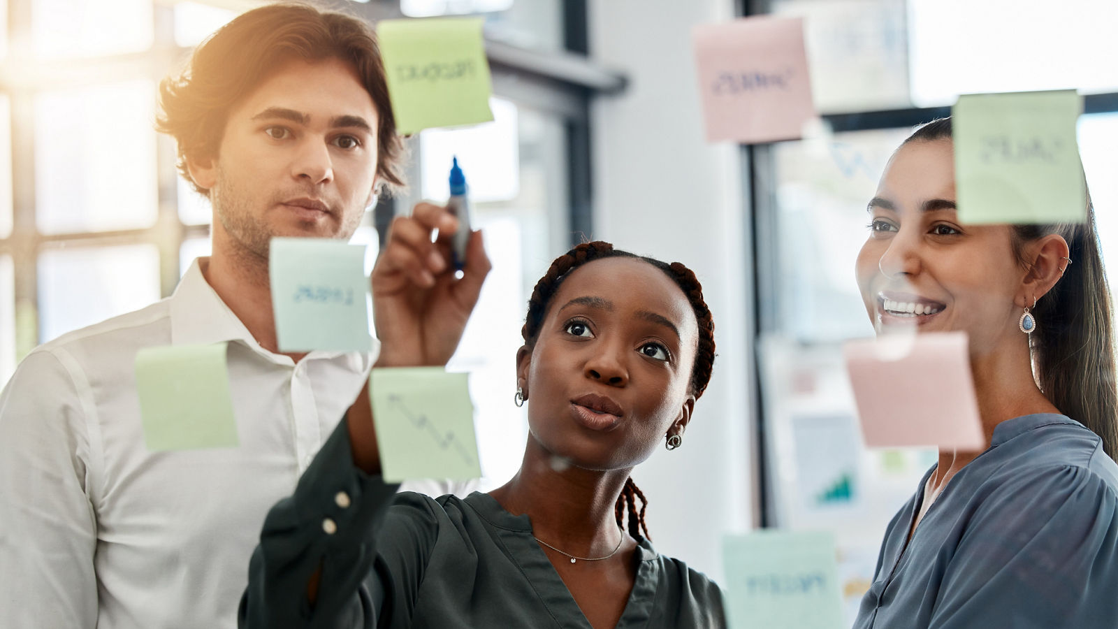 Working, post it planning and teamwork collaboration with notes of a office work team. Business strategy, corporate schedule or marketing moodboard of staff with diversity busy with a job project.