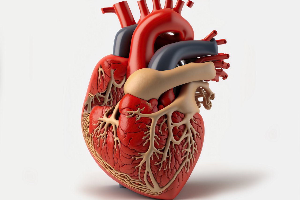 Human heart model on white background. Generative AI illustration.