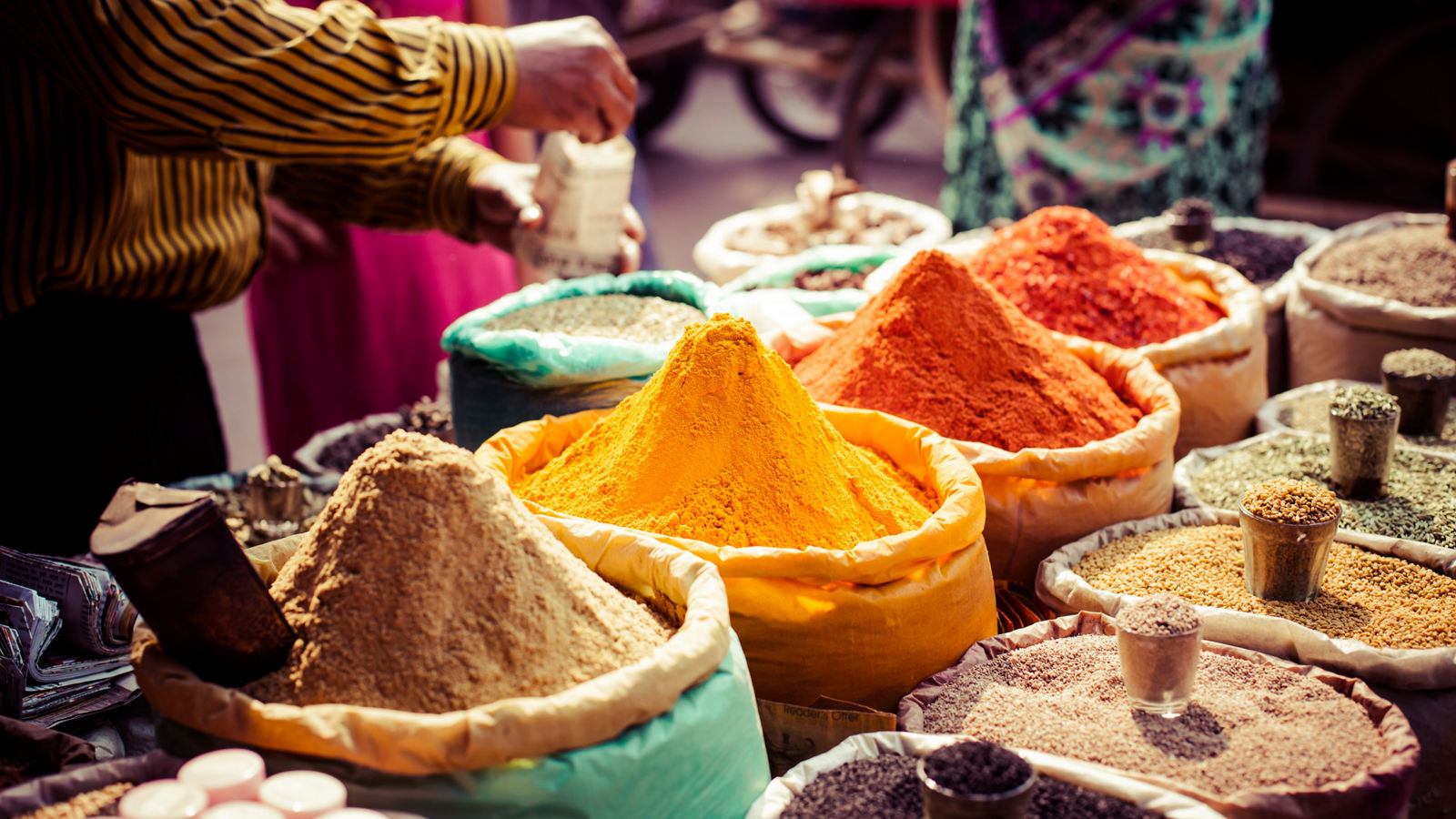 Traditional spices and dry fruits in local bazaar in India. 